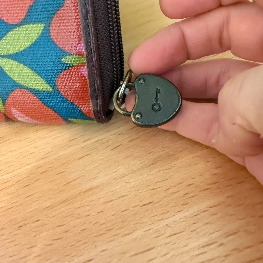 Fossil Key-Per Coated Wallet Leather Clutch Zip Around Floral Teal Red Brown - Picture 5 of 7